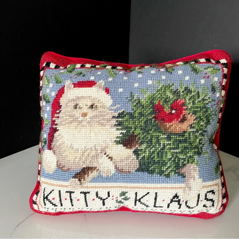 Kitty Klaus Needlepoint Holiday Pillow